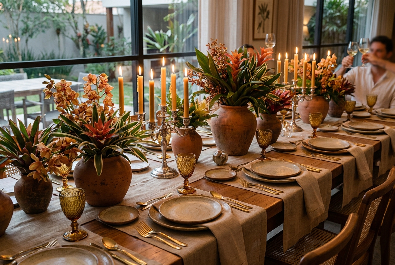 Mesa de evento decorada com arranjos, velas e louças